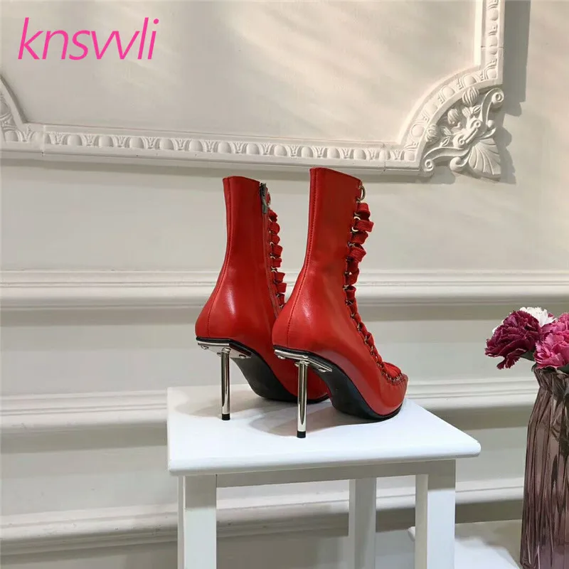 Новые ботильоны для подиума женская обувь для вечеринок на шнуровке с острым носком женские полусапожки на высоком тонком металлическом каблуке Женская обувь Zapatos De Mujer