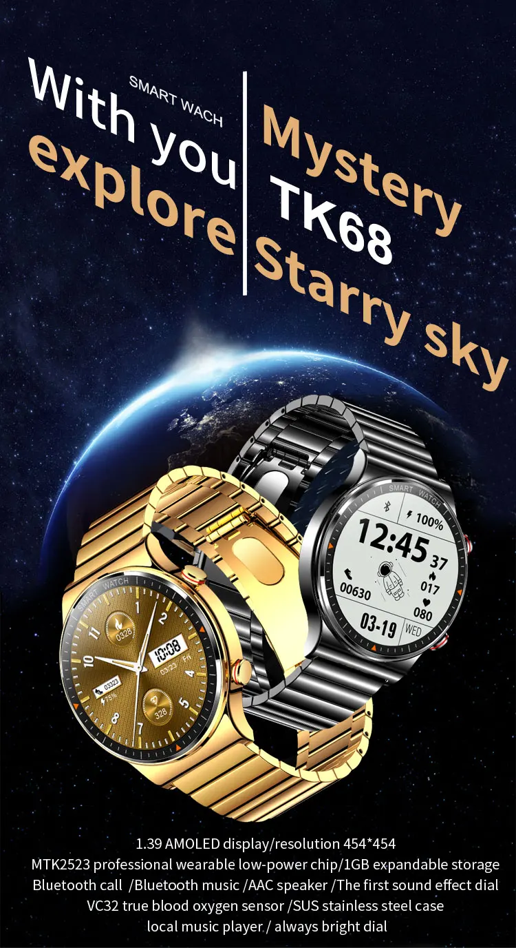 New 454*454 HD Smart Watch Full Touch Screen Mens Bluetooth Call Smartwatch IP68 Waterproof Music Player Fitness Tracker Watches