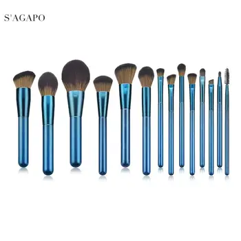 

S'AGAPO 14pcs Advanced Sapphire Blue Makeup Brush Tool Set Cosmetic Blush Foundation Eyeshadow Blending Beauty Makeup Brush Kit