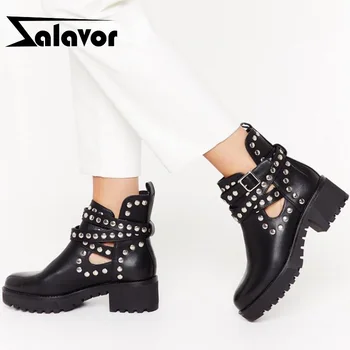 

ZALAVOR Woman Ankle Boots Rivets Thick Heel Punk Boots Woman Buckle Fashion Cool Spring Shoes Winter Women Footwear Size 36-41