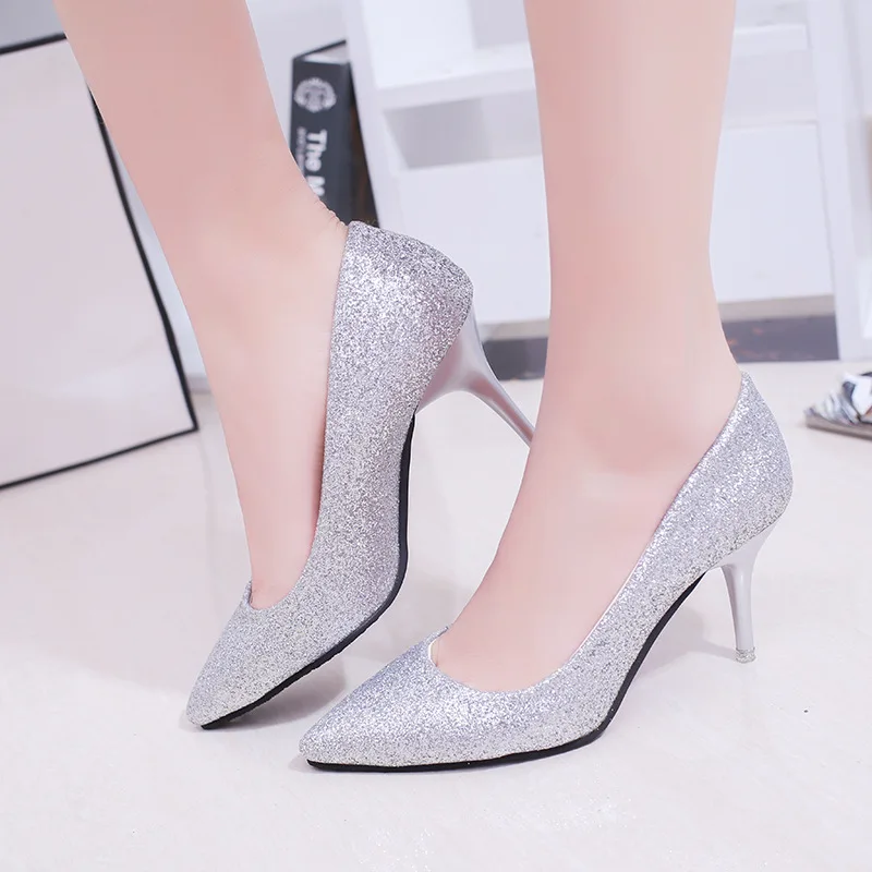 

2018 Korean-style New Style Low-Cut Sequin Thin Heeled High Heel Shoes Pointed Shoes High Heels WOMEN'S Shoes Casual