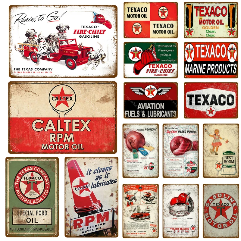 

Texaco Gasoline Metal Signs Caltex RPM Motor Oil Poster Wall Sticker Vintage Art Painting Plaque Gas Station Shop Garage Decor