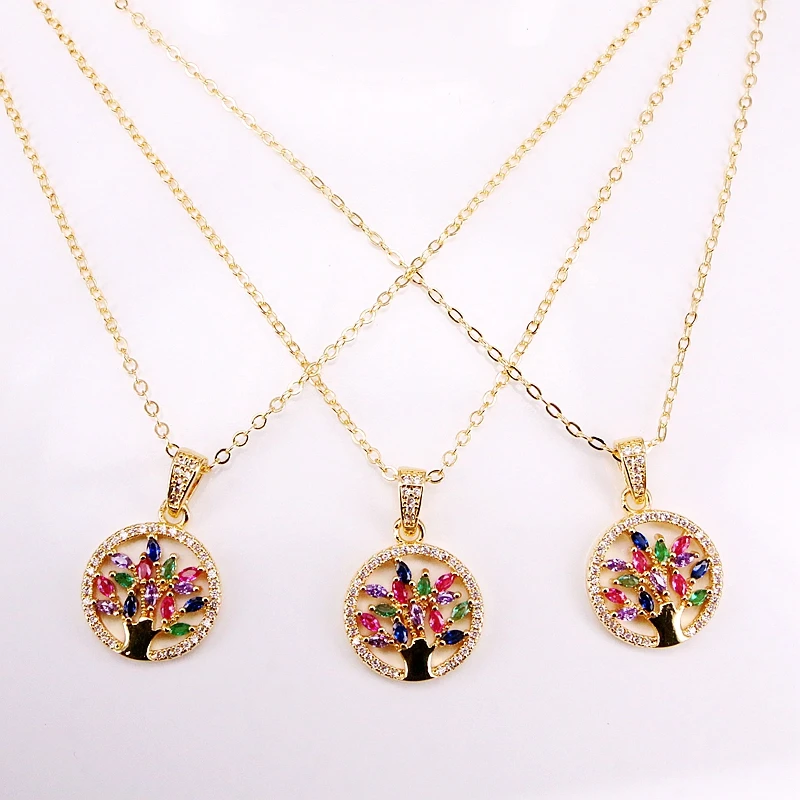 

6PCS, Gold Filled Fashion Colorful Zirconia Jewelry Rainbow CZ Micro Pave Tree in Round Pendant Necklaces