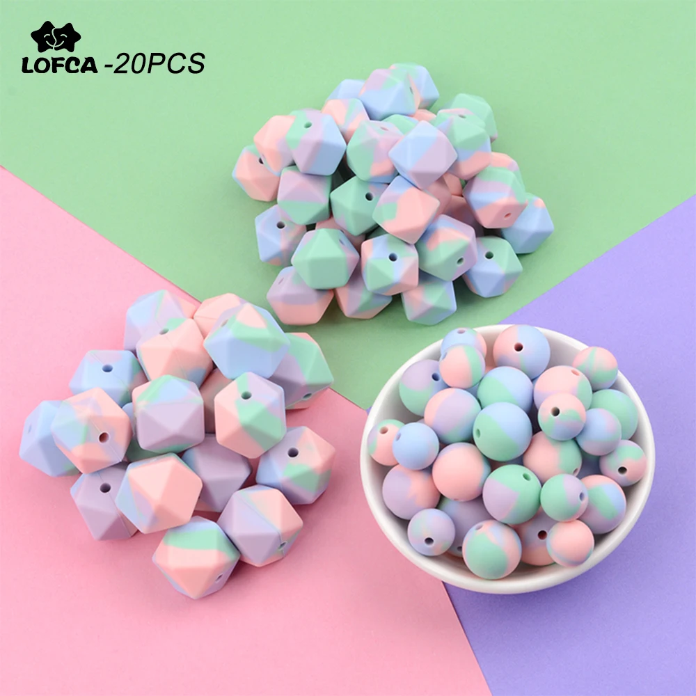

Silicone Beads Tie Dye Round Colorful Teething Beads Silicone BPA Free Hexagon 20pcs Baby Teething Pacifier Holder Accessories