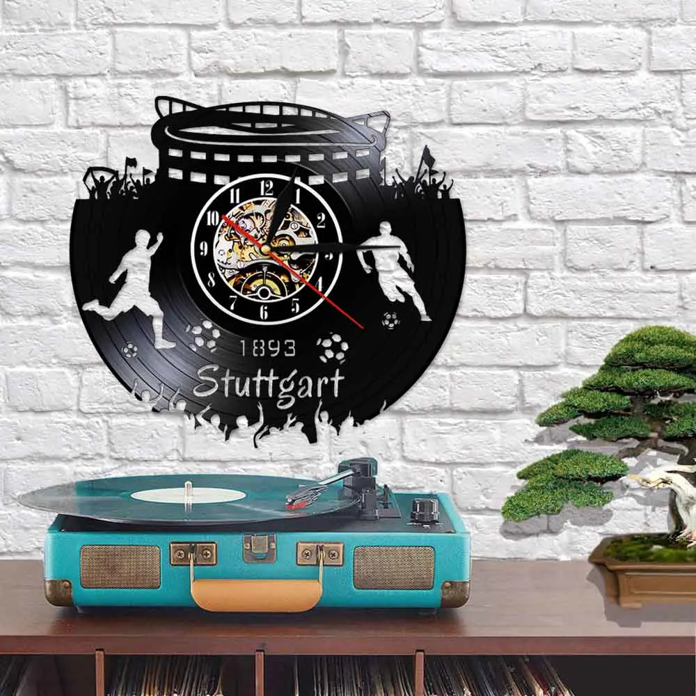 Deutschland Skyline Stuttgart Football Stadium Vinyl LP Record Wall Clock Germany Cityscape Scenery Home Decor Retro Wall Watch 5