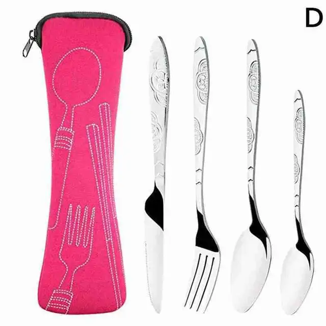 4pcs Steel Knifes Fork Spoon Family Travel Camping Cutlery Eyefuldiving Bag Picnic Steak Steel Cutlery Set pink