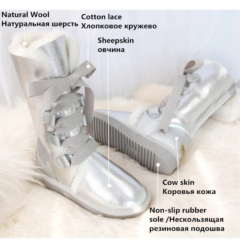 Best G Zaco Luxury Sheepskin Snow Boots Australia Knee high Winter Natural Wool Boots Sheep Fur Boots Knee Bow Flat Women Long Boots