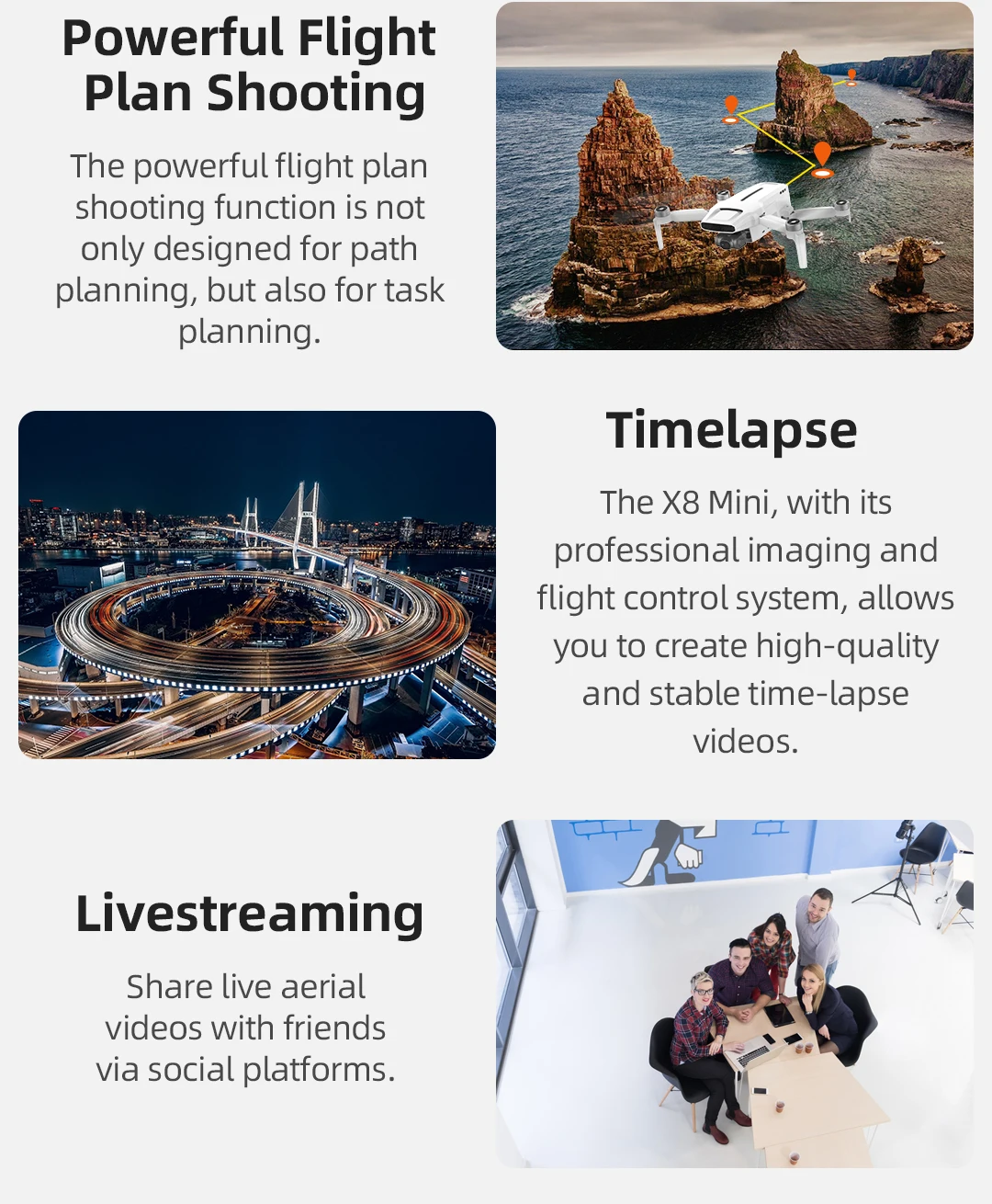 FIMI X8 Mini Drone, powerful flight plan shooting function is not only designed for planning, but also for task planning: Time