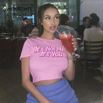 

Sweetown 2020 Summer Short Sleeve Cropped T-Shirts Women Letter Print Fashion Crop Tops Pink Cute Kawaii Party Streetwear Tops