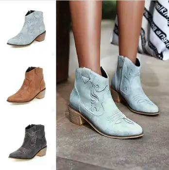

Women's Cowgirl Cowboy Boots Ladies Chunky Heel Western Ankle Booties Shoes Chelsea Carved Round Toe Plus Size 34-46