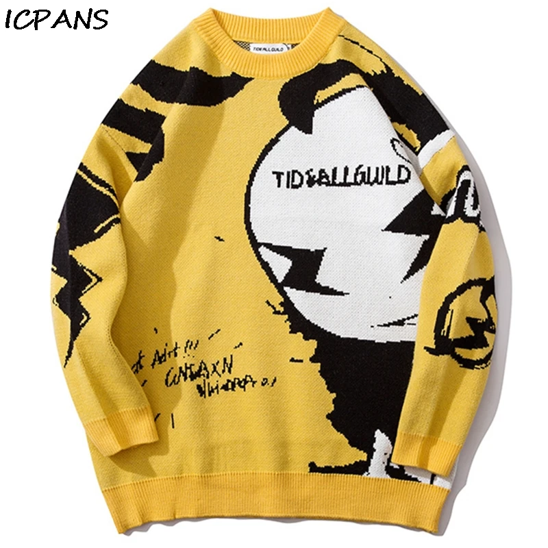 

ICPANS 2019 Winter Autumn Print Kintting Hip Hop Pullover Sweaters Men Fashion Streetwear Harajuku Mens Pullovers
