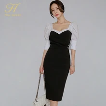 H Han queen лоскутное платье-карандаш контрастного цвета с квадратным воротником для женщин осень OL облегающее Платье облегающее платье для работы Vestidos