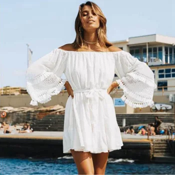 

Summer Off Shoulder Solid White Beach Dress For Women Flare Sleeve Mini Dress Women Casual Loose Beach Cover Ups Women Swimwear