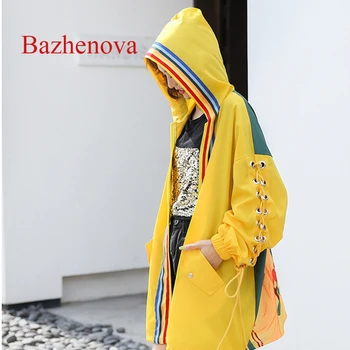 

Bazhenova Woman Autumn Cartoon Lantern Sleeve Coats For Women Hip-hop Loose Hooded Windbreaker Girls Cute Large Size Jacket R133