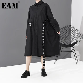 

[EAM] Women Black Ribbon Mesh Split Big Size Shirt Dress New Lapel Long Sleeve Loose Fit Fashion Tide Spring Autumn 2020 1S814