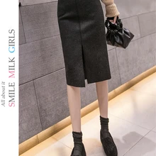 YUANMING, винтажная, высокая талия, облегающая, шерстяная, Женская юбка, с разрезом спереди, с поясом, женские юбки,, осень, зима, толстая, миди, юбка для женщин