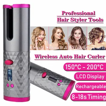 

Auto Cordless Rotating Ceramic Hair Curler USB Rechargeable Curling Iron LED Display Temperature Adjustable Curling Wave Styer