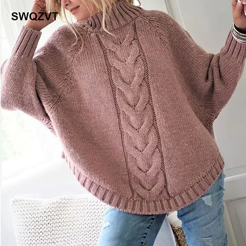 Свитер женский пуловер осень зима новые свободные вязаные свитера с высоким воротом Женская одежда женский джемпер Топы Sueter Mujer - Цвет: pink