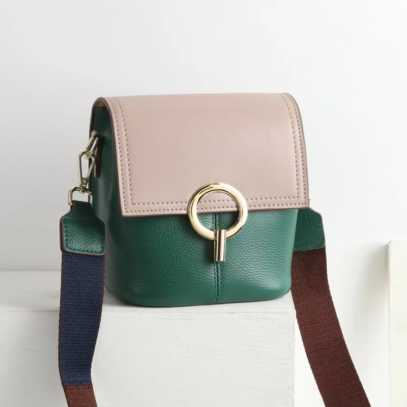 

2019 New Style Versatile Full-grain Leather Wide-Strap Bucket Bag Contrast Color Shoulder WOMEN'S Leather Bags Online Celebrity