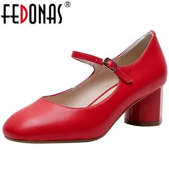 

FEDONAS 2020 Brand Women High Thicks Heeled Shoes Slip On Shoes New Shllow Shoes Genuine Leaather Round Toe Shoes Woman