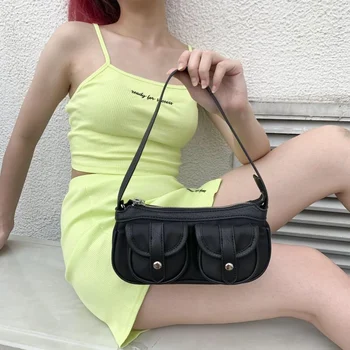 

Vintage Design Women Baguette Handbags Fashion Pocket Ladies Small Shoulder Messenger Bags Cool Girl Black Armpit Bag Tote Purse