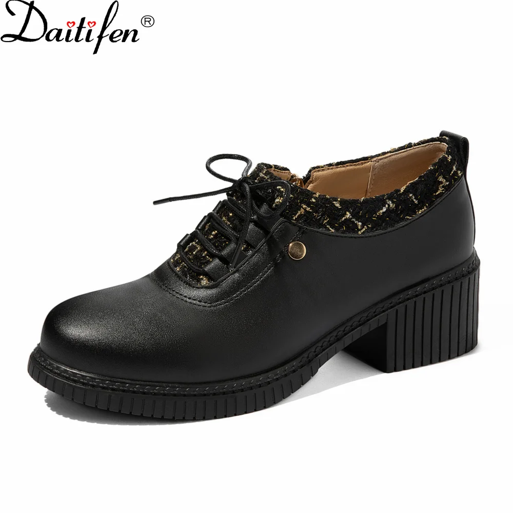 

Daitifen Women Sweet Oxford Mixed Colors Spring Autumn Shoes Microfiber Lace-up Shoes Square Heel Women Party & Casual Pumps