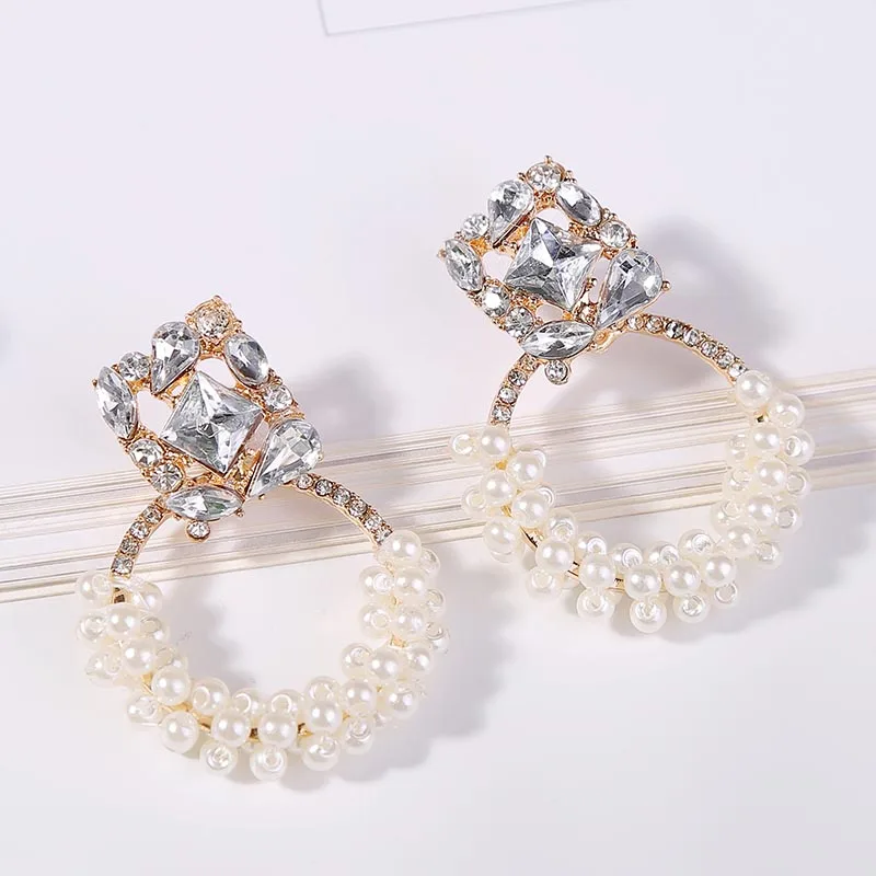 ZA Fashion Pearl Rhinestone Drop Earrings For Women 2019 Trendy Round Square Geometric Dangle Earring Party Wedding Jewelry Gift |