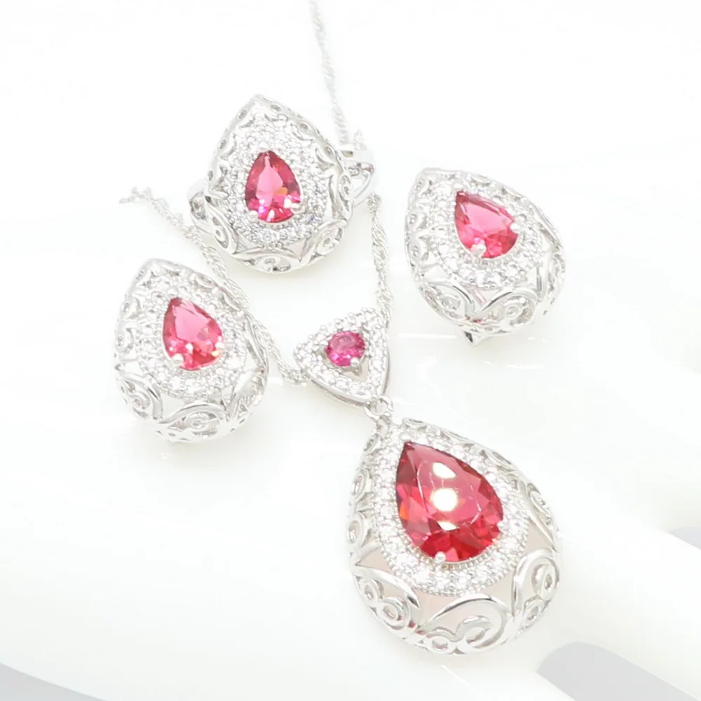 

925 Stamp Silver Fashion Jewelry Sets For Women Light Red Stones Necklace Pendant Earrings Rings Christmas Gift
