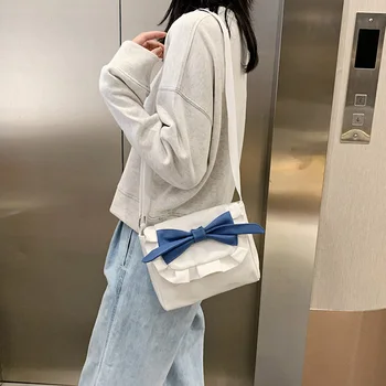 

Sweet Girls Bowknot Messenger Bag 2020 Women Canvas Casual Hit Color Small Flap Shoulder Bags Female Crossbody Money Phone Pouch