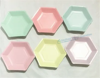 

240pcs Pastel Small Hexagonal Paper Plates for Birthday Party and Celebrations Multi-colour Blush Pink Blue Mint 16.5 x 19cm