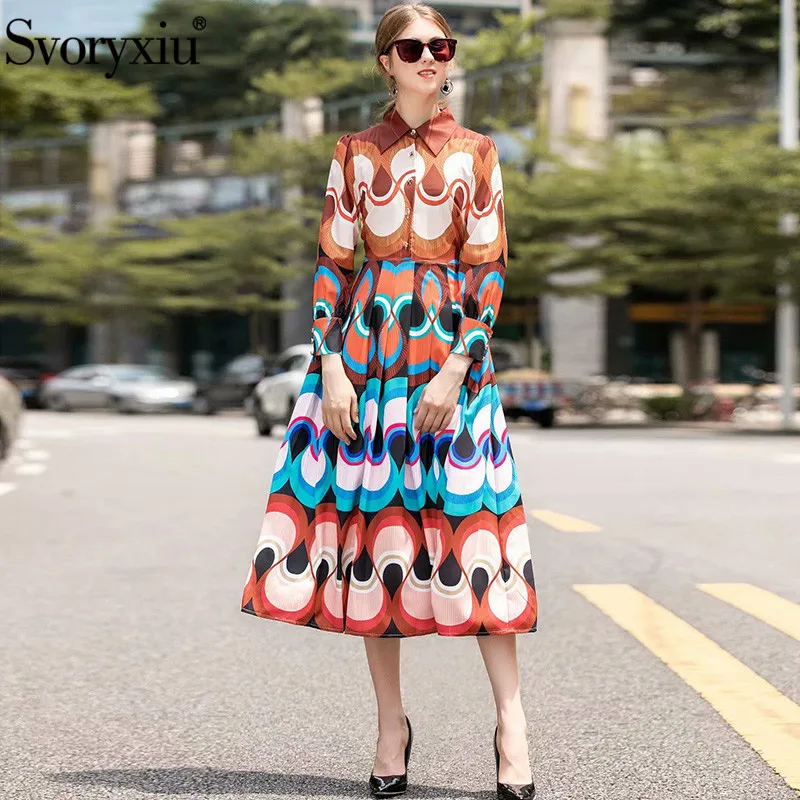 

Svoryxiu Designer Autumn Winter Long Sleeve Long Dress Women's Fashion Colorful Geometric Printed Elegant Ankle-Length Dresses