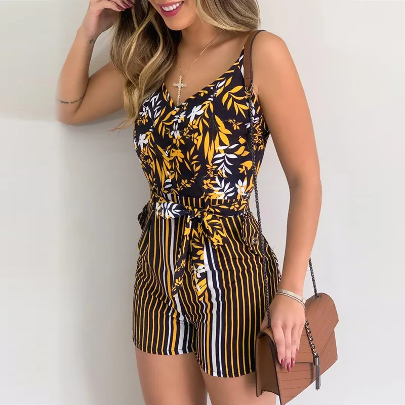 

European and American Women's Summer Casual Striped Prints V-neck Strap Printed Webbing Jumpsuit Tight Bandage Bohemian Sweet