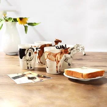 

3D Creative 400ml Mug Animal Shape Hand Drawn Deer Giraffe Cattle Monkey Dog Waiting Horse Cup Gift Ceramic Coffee Milk Mug