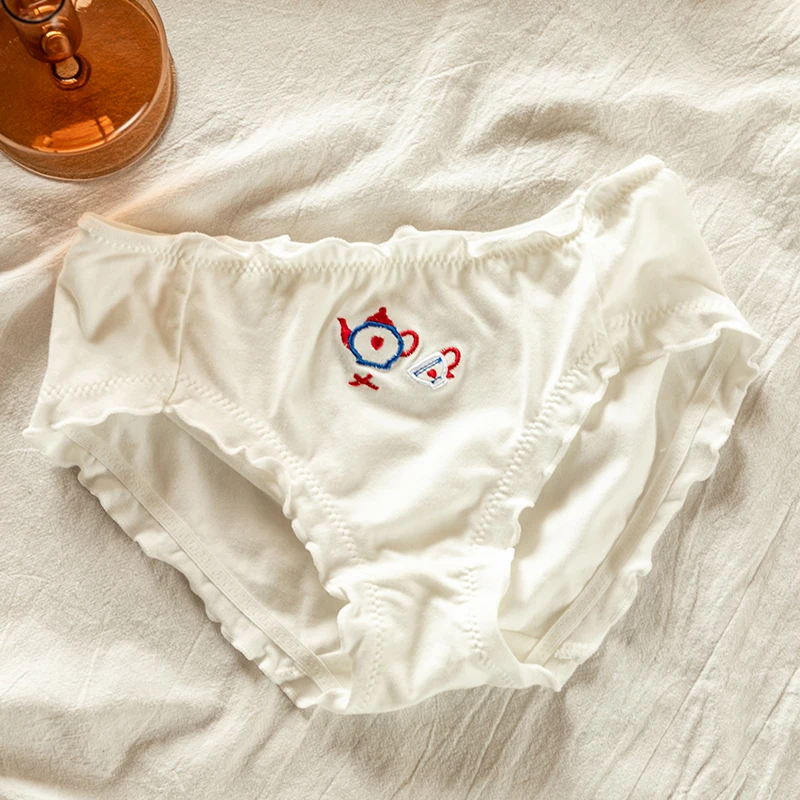 

Japanese Students Briefs Girls Underwear Cotton Cute teapot Embroidery Solid color Mid Waist Breathable Sweet Ruffle Underpants