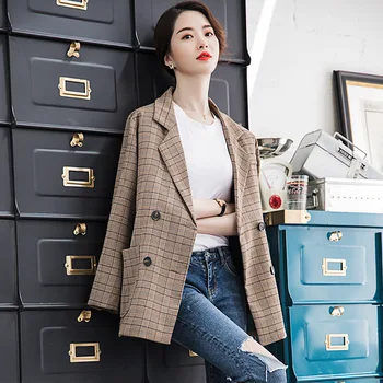 

Women's single coat 2019 autumn new casual fashion temperament loose lattice double-breasted small suit women's shirt