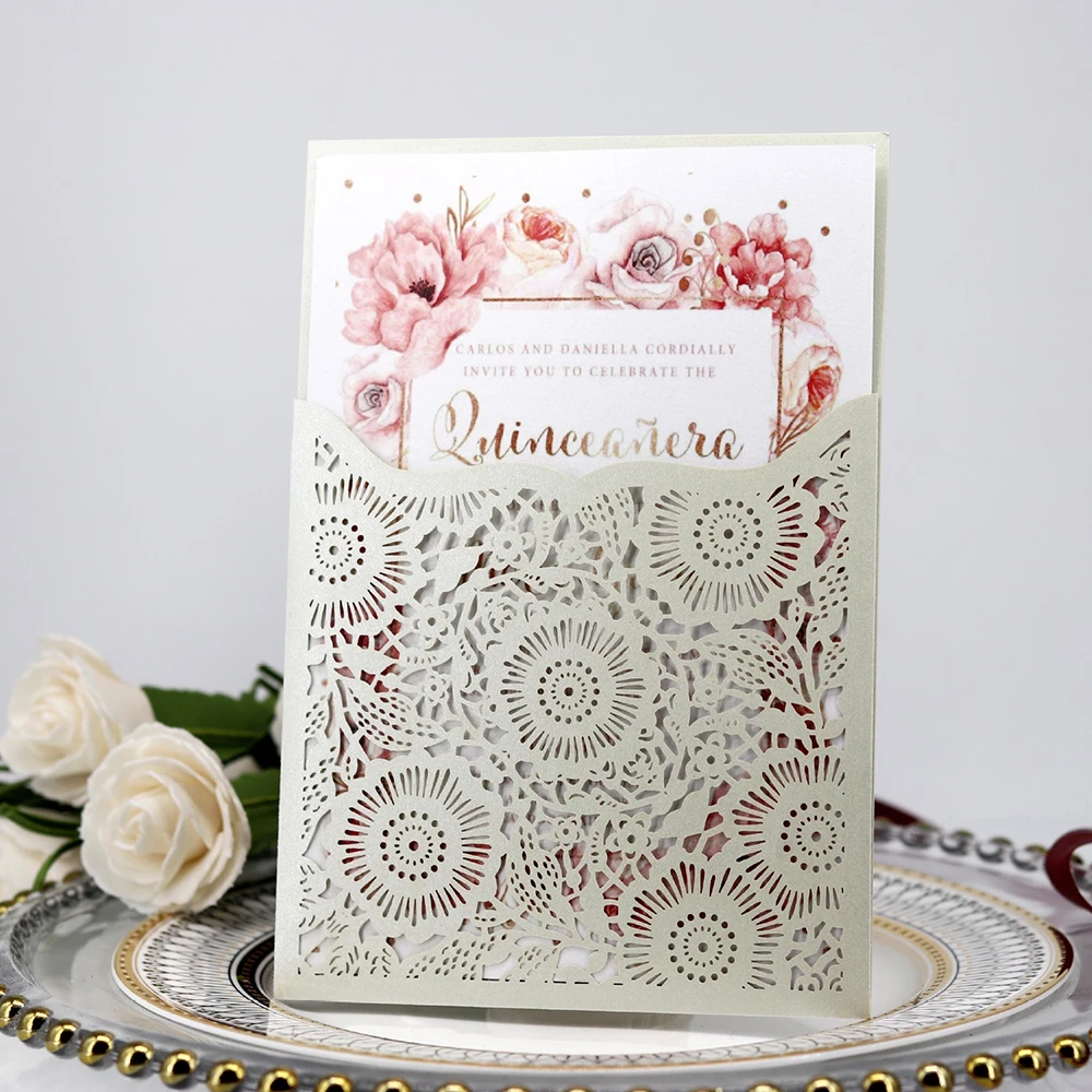  10pcs Gold Red White Laser Cut Luxury Flora Wedding Invitations Card Elegant Lace Favor Print Envel - 4.0003E+12