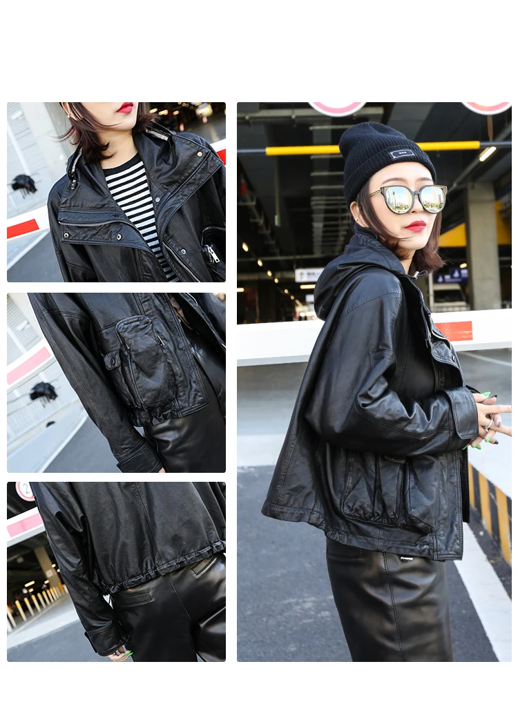 Genuine Leather Jacket Drop Shoulder Batwing Sleeve Hooded Jacket Coat Women Autumn Black Casual Plus Size Safair Style Outwear