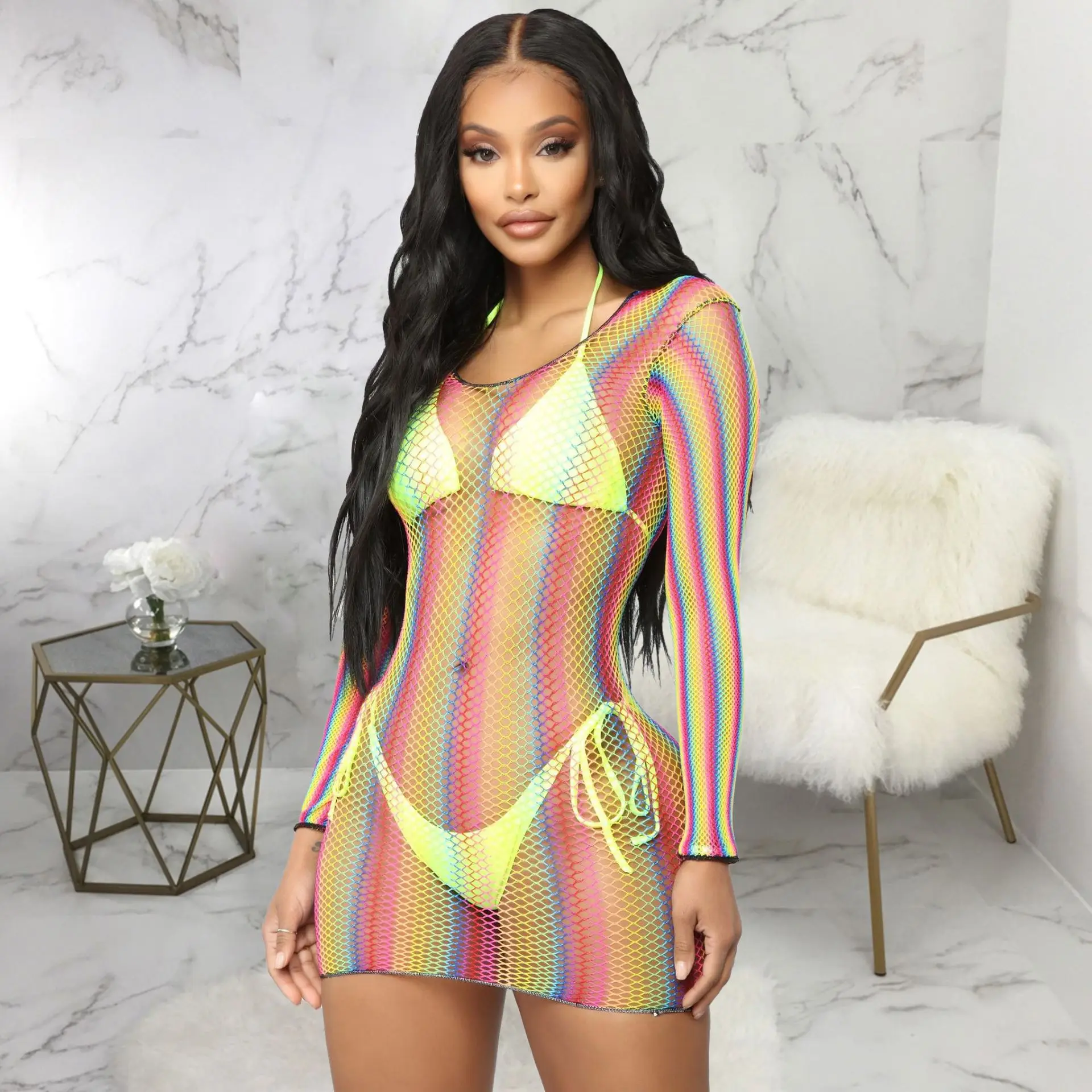 Rainbow Striped Fishnet Hollow Out 
