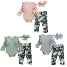 Одежда для новорожденных девочек 0-24 месяцев, комбинезон, штаны с цветочным принтом, повязка на голову, комплект одежды
