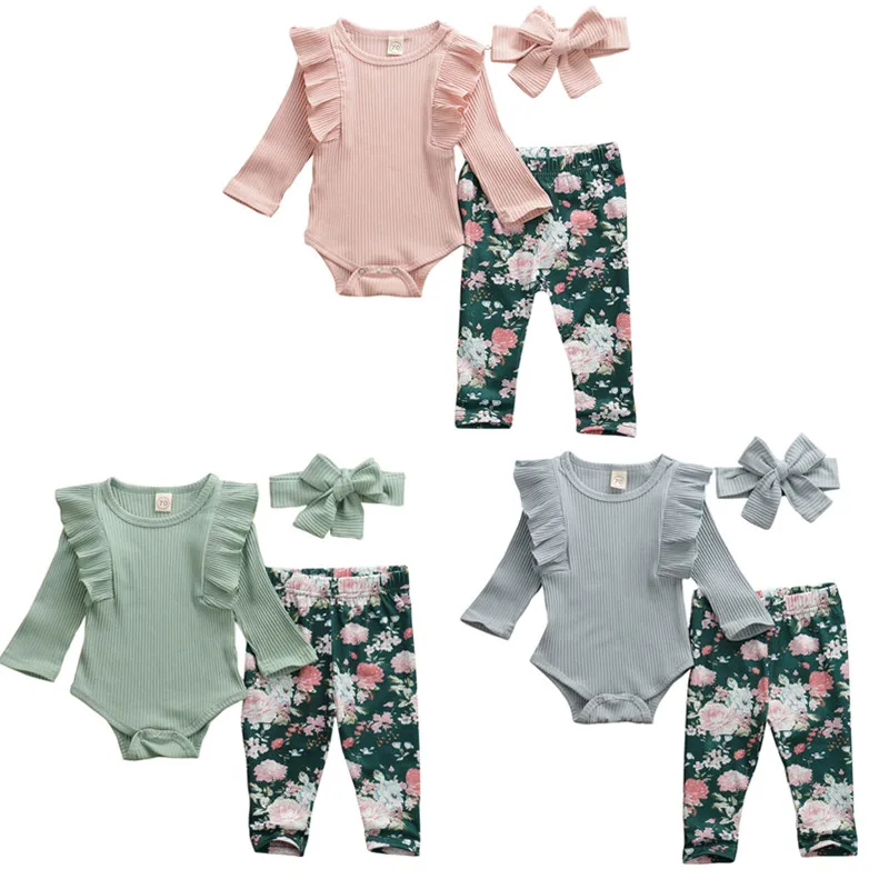 0 24M Newborn Baby Girls Clothes Tops Romper Floral Pants Headband