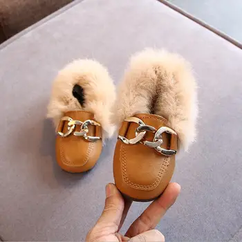 

Baby Girls Shoes Warm Flats PU Leather Princess Shoes Winter Kids Fur Shoes Toddler Brand Black Loafer Fashion Moccasins