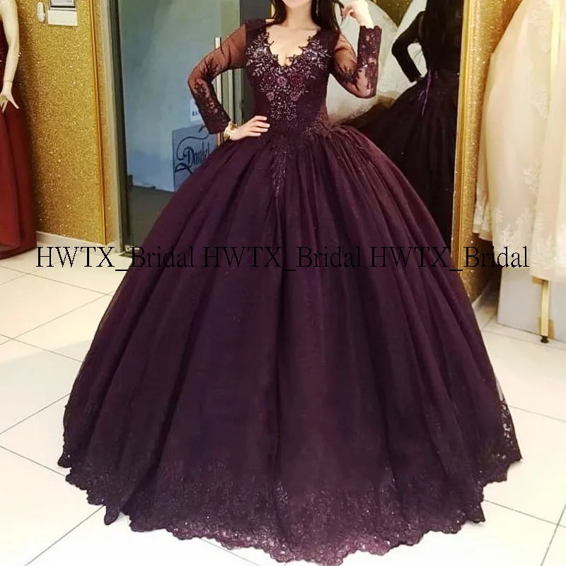 HWTX_Bridal фиолетовое бальное платье Бальные платья с длинным рукавом v-образным вырезом подгонянного размера плюс Тюлевое платье для выпускного вечера милые 16 Вечерние - Цвет: Фиолетовый