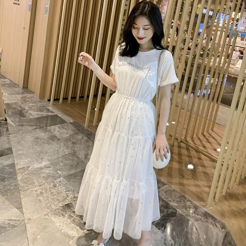 Летнее Сетчатое платье с блестками лоскутное корейское свободное средней длины