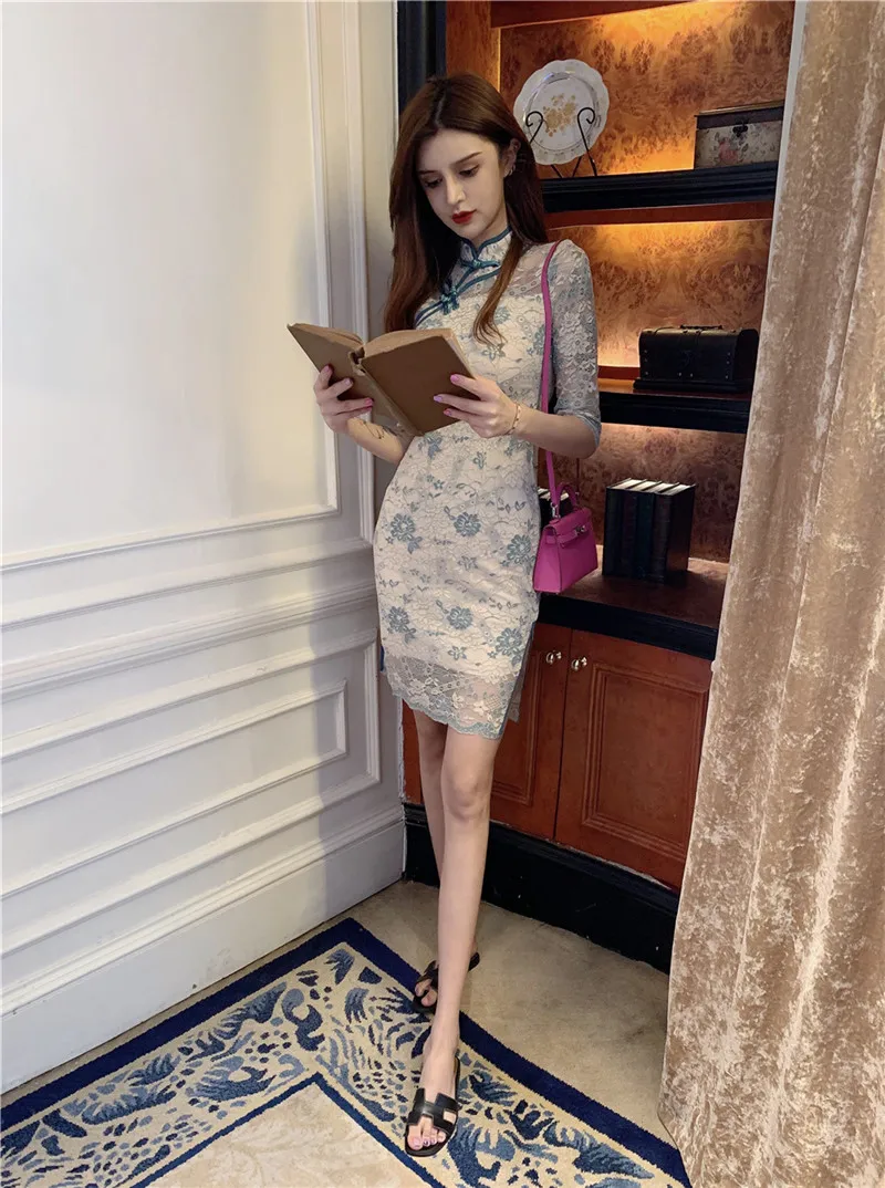 Китайский Hanfu Cheongsam Половина рукава ретро оболочка клуб сексуальное обтягивающее платье мини Вечерние платья мандарский воротник элегантное кружевное платье
