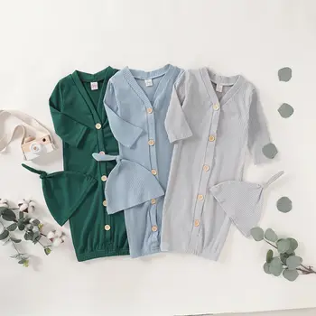 

2020 Unisex Infant Knitted Sleeping Bag Newborn Baby Swaddle Wrap Long Sleeve Button Blanket Hat Sleepwear Boys Girl 2Pcs Spring