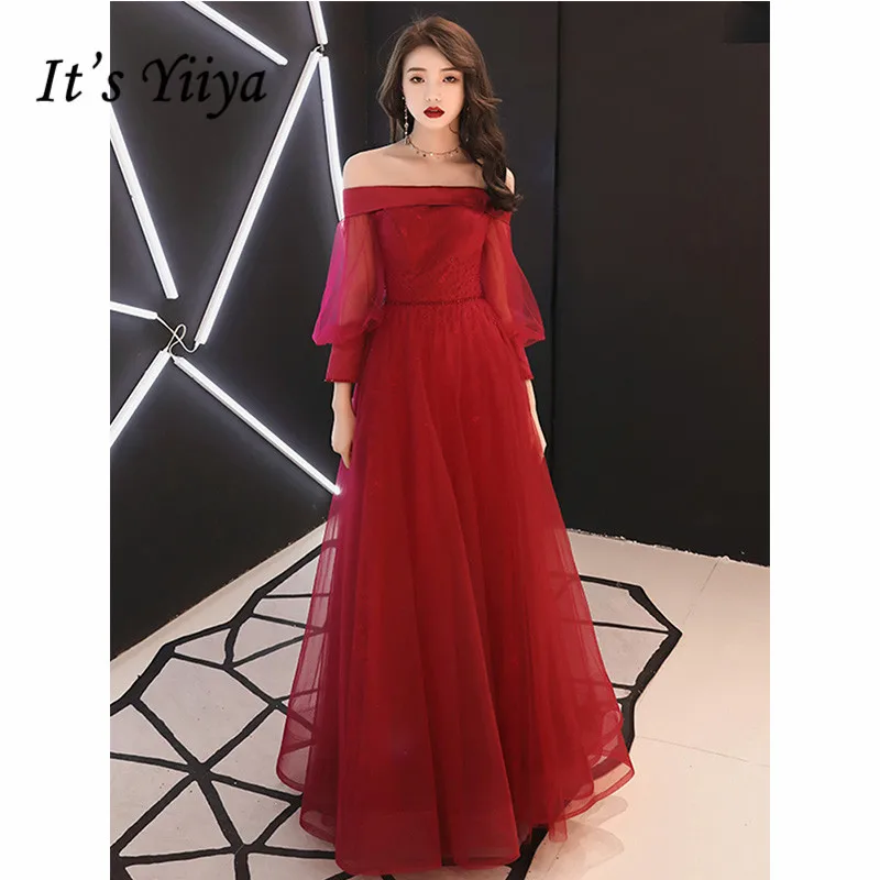 

It's Yiiya Evening Dress 2019 Lantern Sleeve Boat Neck Burgundy A-Line Floor Length Dresses Elegant Lace Up Formal Gowns E1080