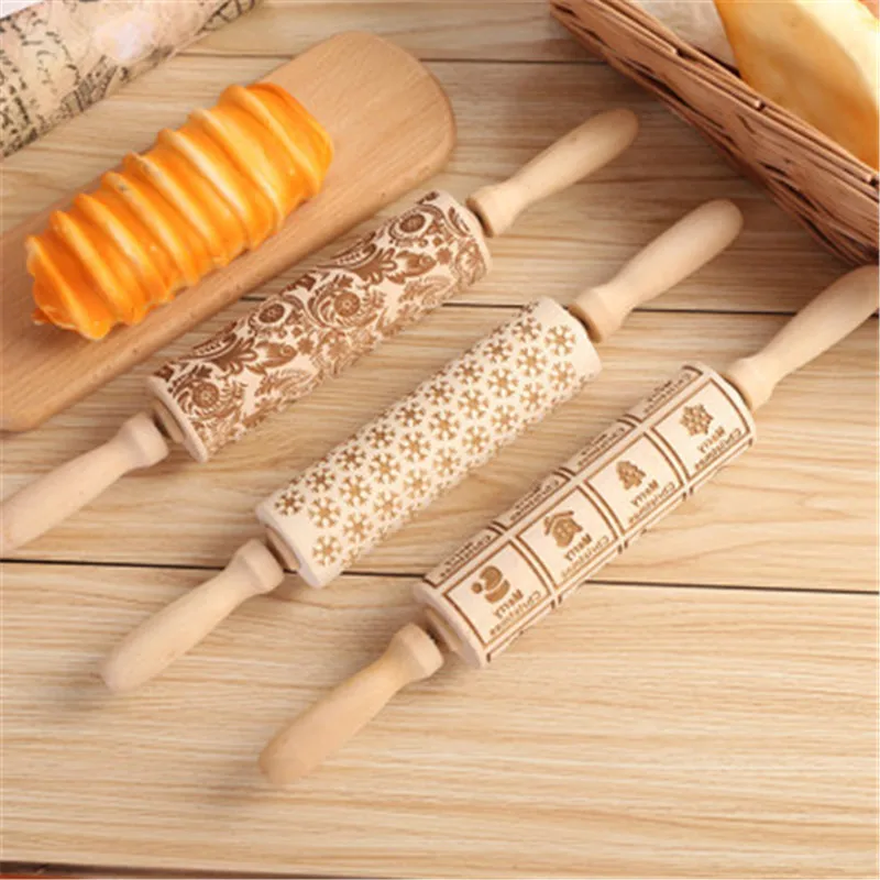 3D Christmas Rolling Pin Christmas Patterned Reindeer Snowflake Wooden Embossed Cookie Made Roll Pin Bakery Baking Pastry Roller