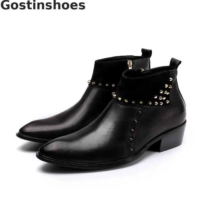 

Men Boots Black Genuine Leather Rivets Decoration Side Zip Pointed Toe Men Short Ankle Boots Safty&work Boots For Autumn Winter