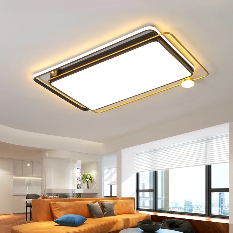 

Modern Living Room LED Chandelier Nordic Simplicity Black and Gold Rectangle Lustre Bedroom Ceiling Lamp Home Decoration Fixture