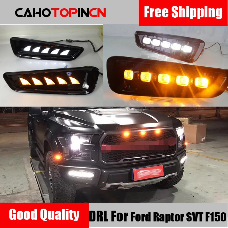 

2 Pcs DRL LED Daytime Running Lights Fog Lamp For Ford Raptor SVT F150 2016 2017 2018 with Turn Signal Yellow style relay